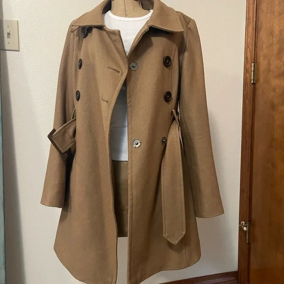 Wool Blend Tan Double-Breasted Coat - Picture 11 of 16